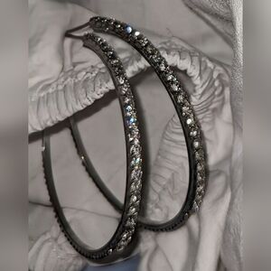 Silver Rhinestone Hoop Earrings With Stud Back Closure